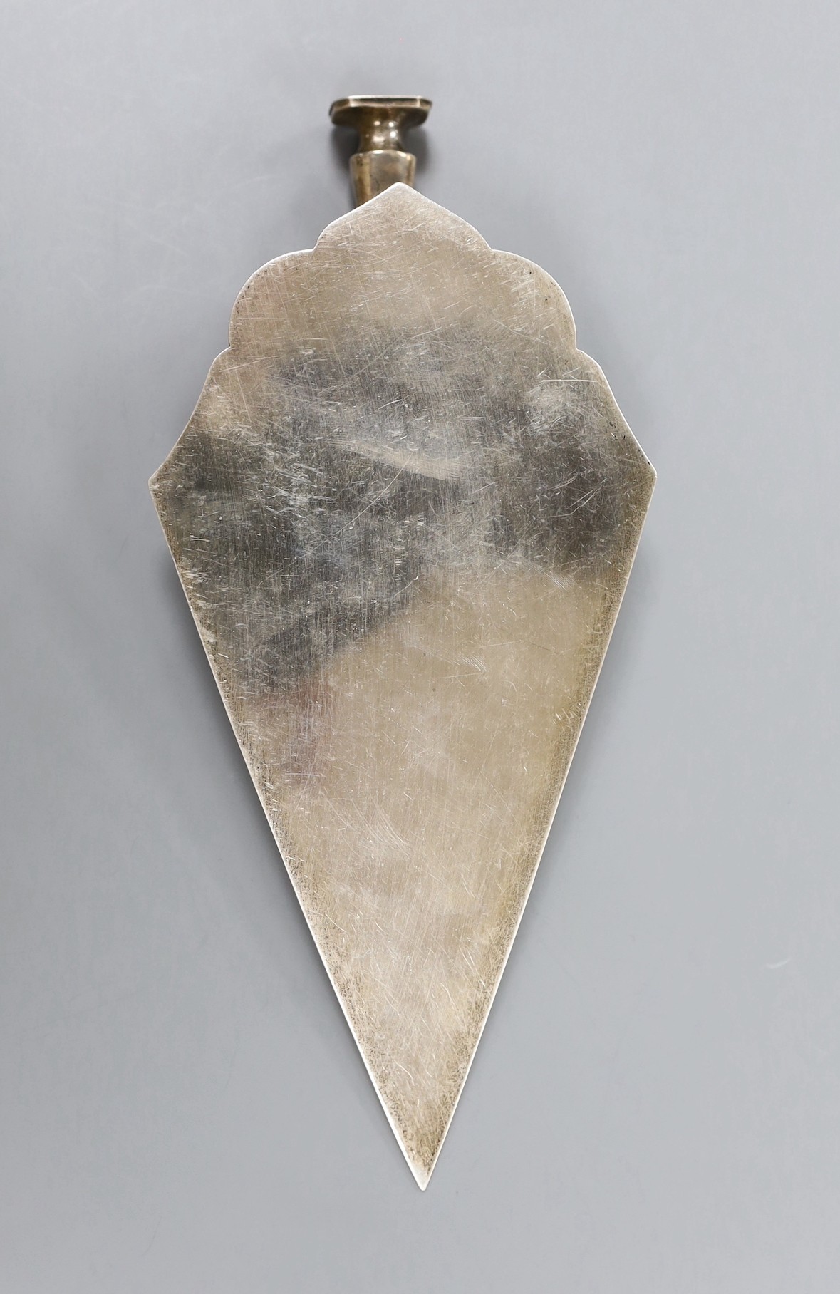 A late Victorian engraved silver presentation trowel, Sheffield, 1897, with later engraved inscription, no handle, 19.5cm, 153 grams.